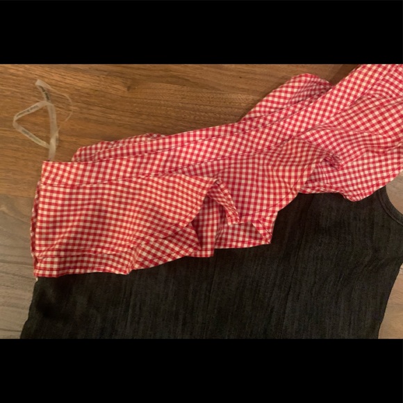 Womens One Piece Jean Romper With Red And White Gingham Ruffle size small - Picture 10 of 11